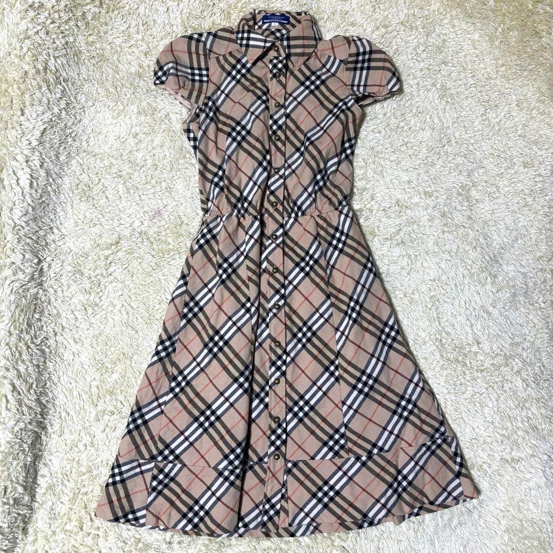 バーバリーブルーレーベル ワンピース ノバチェック ベージュ ロゴ刻印